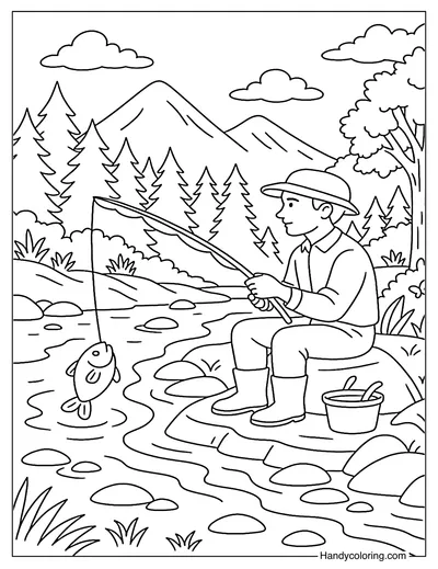 Mountain River Fishing Coloring Page