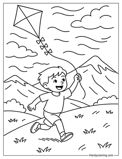 Mountain View Kite Flying Coloring Page