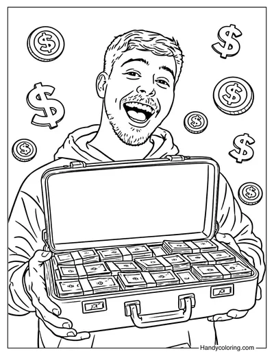 MrBeast Holding Money Case Coloring Page