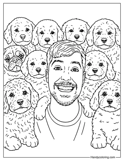 MrBeast with Puppies Coloring Page