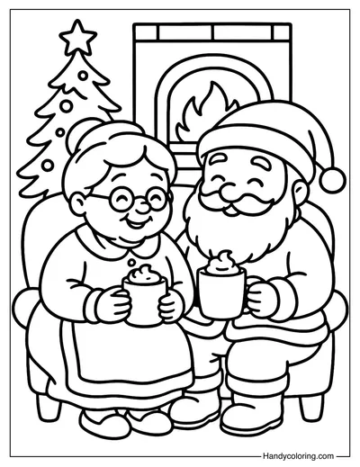 Mrs Claus and Santa by the Fireplace Coloring Page