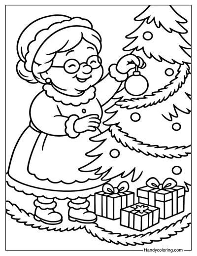 Mrs Claus Decorating Christmas Tree Coloring Page