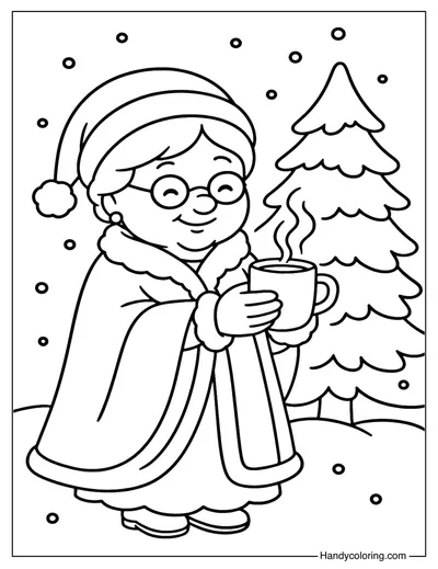 Mrs Claus Holding a Cup of Cocoa Coloring Page