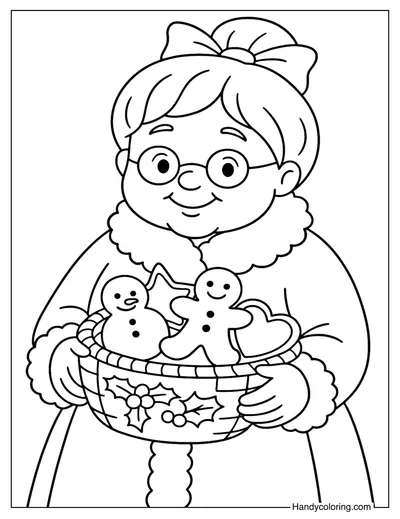 Mrs Claus with Christmas Cookies Basket Coloring Page
