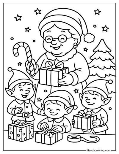Mrs Claus with Elves Coloring Page