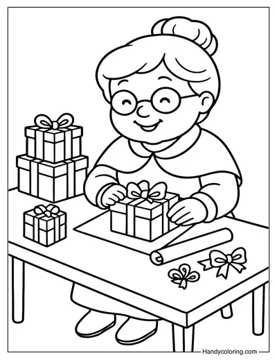 Mrs Claus Wrapping Gifts Coloring Page