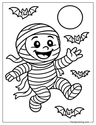 Mummy and Bat Coloring Page