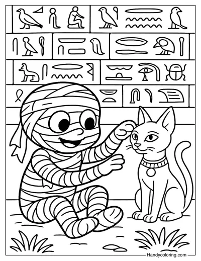 Mummy and Black Cat Coloring Page