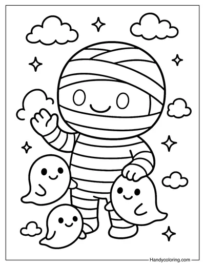 Mummy and Ghost Friends Coloring Page