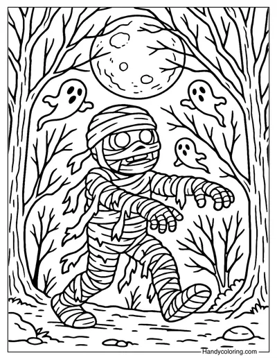Mummy and Ghosts in the Forest Coloring Page