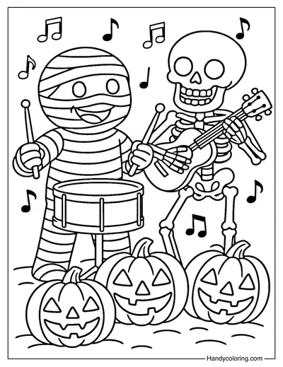 Mummy and Skeleton Band Coloring Page