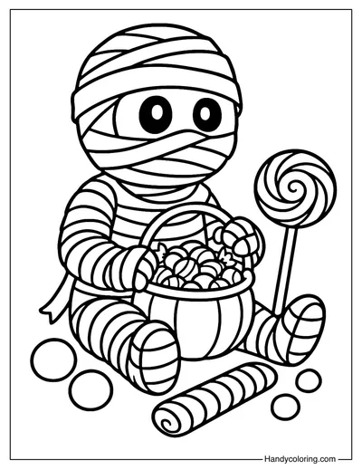 Mummy with Candy Coloring Page