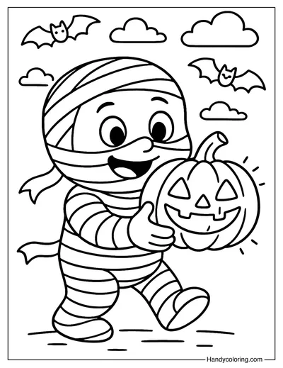 Mummy with Pumpkin Coloring Page