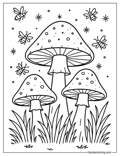 Mushroom and Fireflies Coloring Page