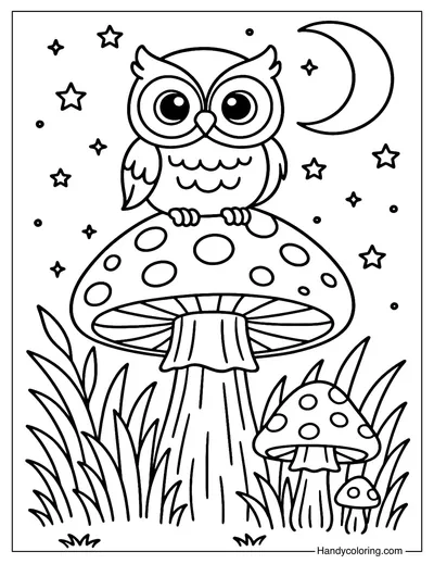 Mushroom and Owl Coloring Page
