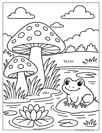 Mushroom by the Pond Coloring Page