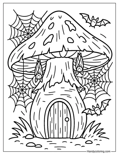 Mushroom Haunted House Coloring Page