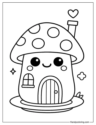 Mushroom House with Faces Coloring Page