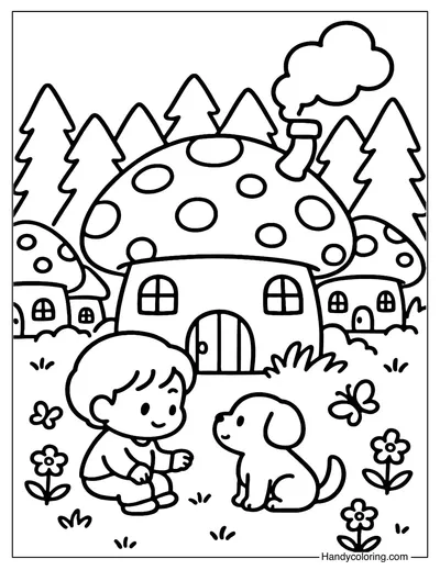 Mushroom Village Coloring Page