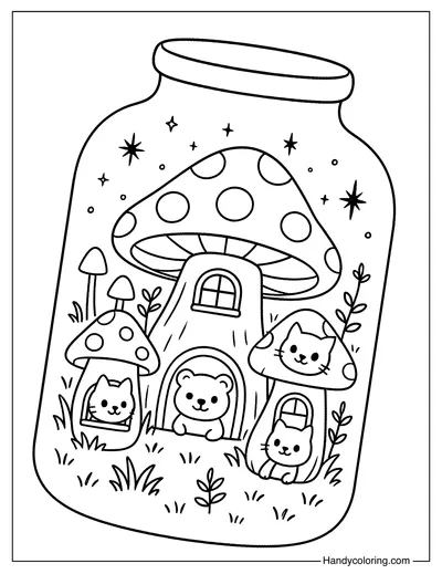 Mushroom Village in a Jar Coloring Page