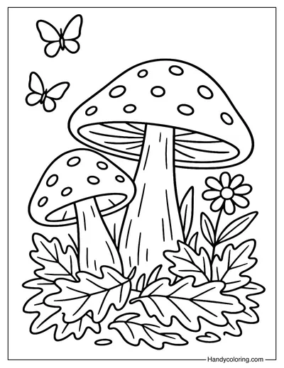 Mushroom with Autumn Leaves Coloring Page
