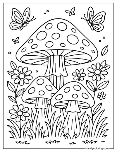 Mushroom with Butterflies Coloring Page