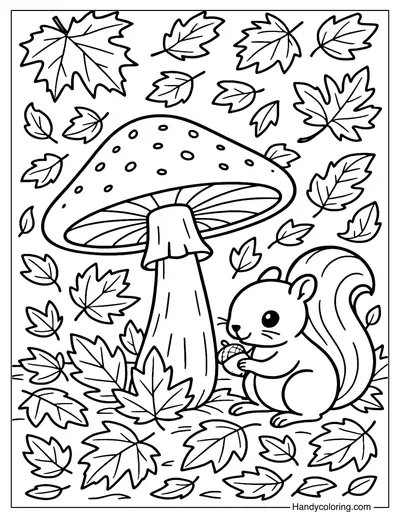Mushroom with Squirrel Coloring Page