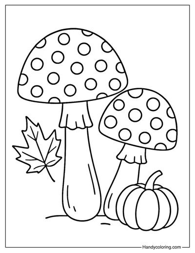 Mushrooms and Leaves Coloring Page