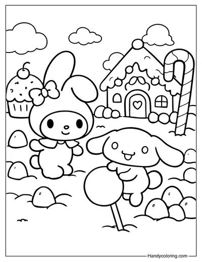 My Melody and Cinnamoroll Candy Land Coloring Page
