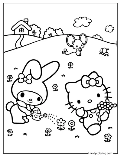 My Melody and Hello Kitty Garden Day Coloring Page