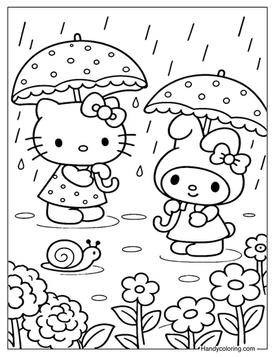 My Melody and Hello Kitty Under The Rain Coloring