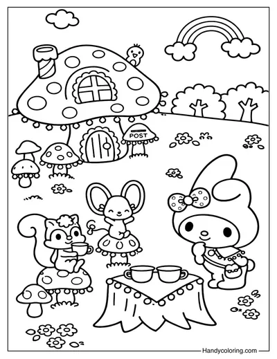 My Melody Coloring Page Mushroom Tea Party