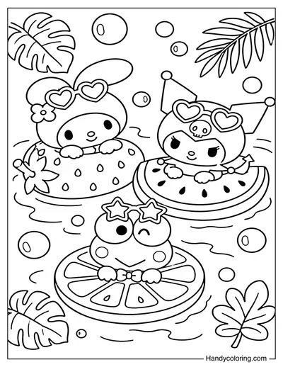 My Melody, Kuromi with Keroppi  in Summer Pool