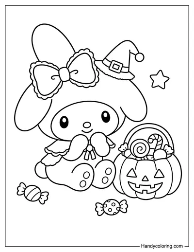 My Melody Sitting with a Halloween Candy Pumpkin