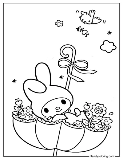 My Melody with Floral Umbrella Coloring Page