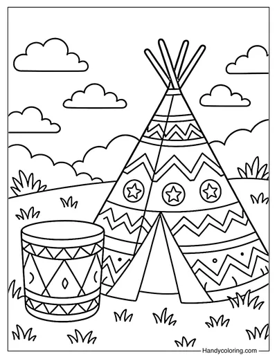 Native American Tipi and Symbols Coloring Page