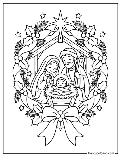 Nativity Scene Inside a Christmas Wreath