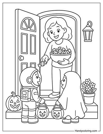 Neighbor Giving Candy to Trick or Treaters