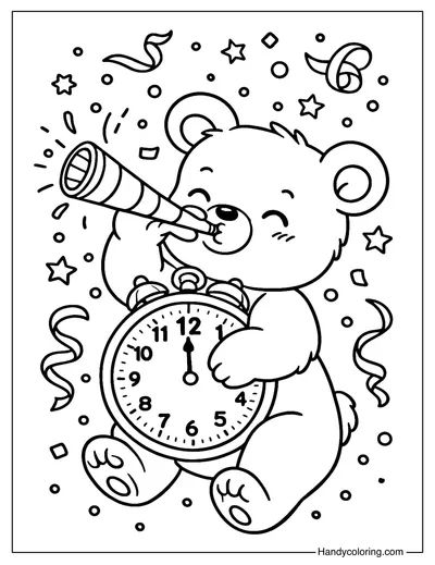 New Year Countdown Bear Coloring Page