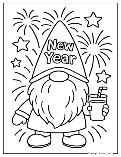 New Year Fireworks Gnome Coloring Page