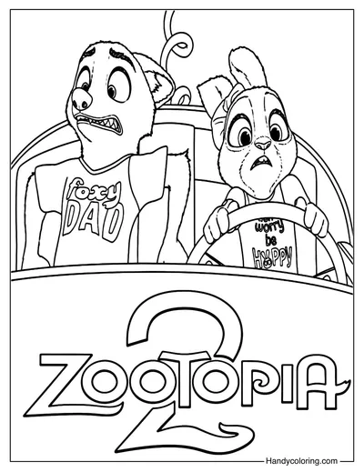 Nick with Judy and Car Coloring Page