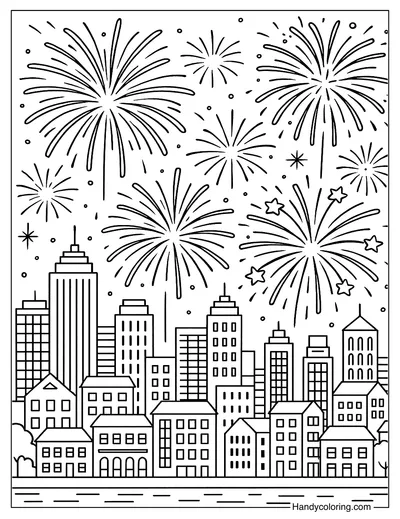 Night City and Fireworks Show Coloring Page