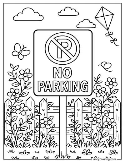 No Parking Flower Fence Coloring Page