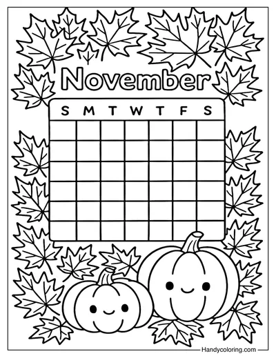 November Calendar with Maple Leaves Coloring Page