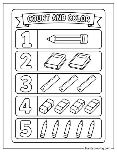Number 1 to 5 with School Objects Counting