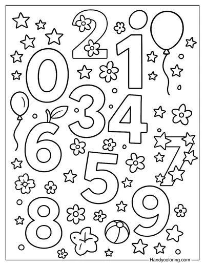 Numbers 0 to 9 Coloring Page
