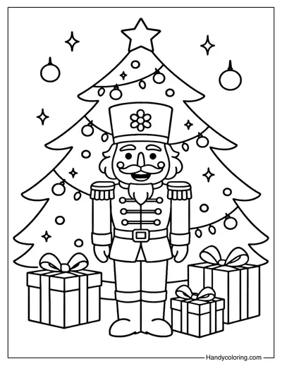 Nutcracker and Christmas Tree Coloring Page