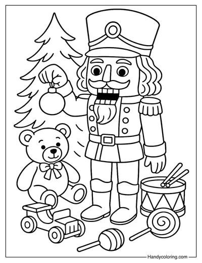 Nutcracker and Christmas Tree Toys Coloring Page