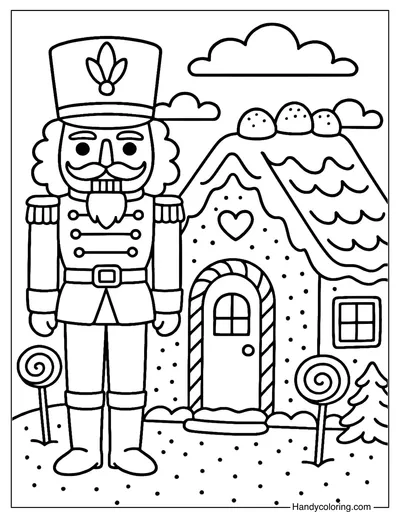 Nutcracker and Gingerbread House Coloring Page