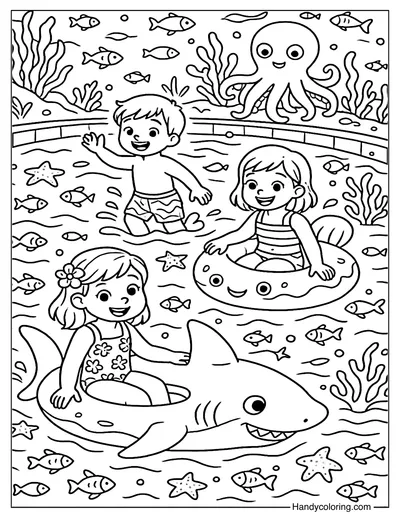 Ocean Animals Pool Play Coloring Page
